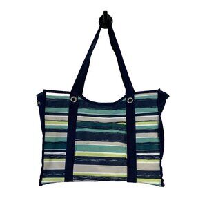 Thirty-One Deluxe Utility Tote Sea stripe Navy Blue Green White Beige Stripes